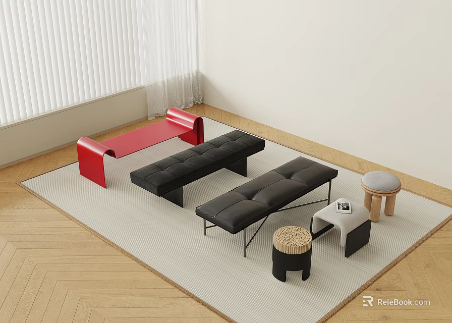Modern Indoor Red and Black Leather Benches with Wooden Stools and Carpet in Minimalist Room 3d model 