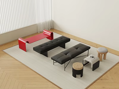 Modern Indoor Red and Black Leather Benches with Wooden Stools and Carpet in Minimalist Room 3d model