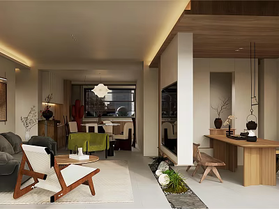 Modern Warm Open Plan Living And Dining Room With Natural Wood Furniture And Gentle Lighting 3d model