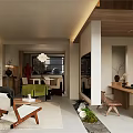 Modern Warm Open Plan Living And Dining Room With Natural Wood Furniture And Gentle Lighting
