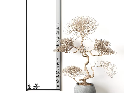 Traditional Bonsai Plant With Dried Branches In Gray Pot And Chinese Calligraphy 3d model