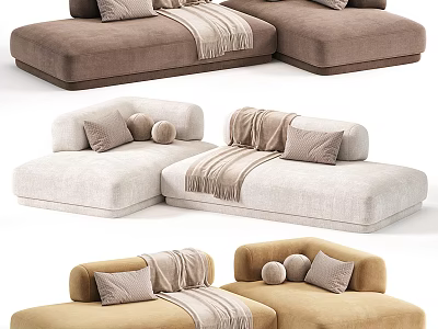Comfortable Sectional Sofa With Soft Pillows And Throw Blankets In Neutral Tones 3d model