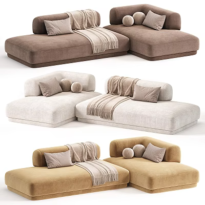 Comfortable Sectional Sofa With Soft Pillows And Throw Blankets In Neutral Tones 3d model