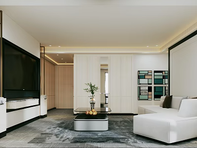 Modern Hotel Guest Room Interior With White Sofa Coffee Table TV Wooden Decor And Bookshelf 3d model