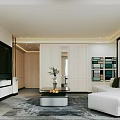 Modern Hotel Guest Room Interior With White Sofa Coffee Table TV Wooden Decor And Bookshelf