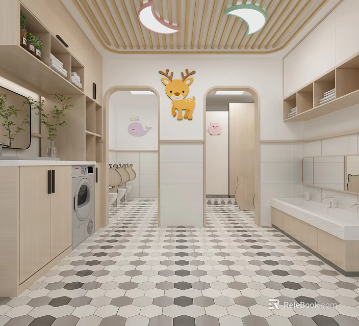 Modern Public Restroom With Light Cabinets And Decorations 3d model