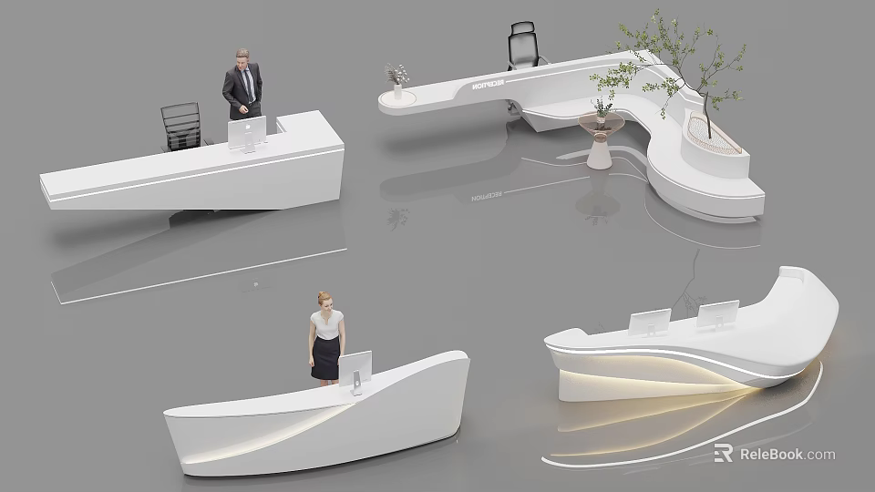 Modern Reception Area Design With White Front Desk Receptionist Plants And Lighting 3d model 