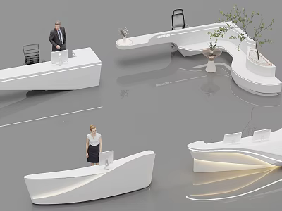 Modern Reception Area Design With White Front Desk Receptionist Plants And Lighting 3d model