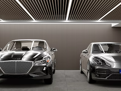Modern Parking Garage Interior With Two Luxury Cars And Striped Ceiling Lighting 3d model