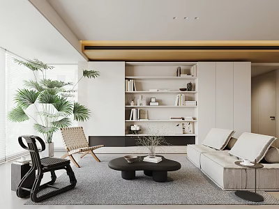 Modern Living Room Interior Design With Beige Sofa Coffee Table And Bookshelf Green Plants 3d model