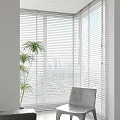 White Window Blinds In Modern Interior With Large Windows City View And Green Plant