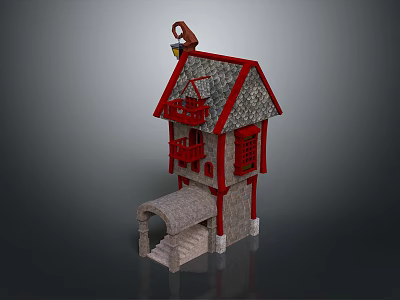 Charming Scenic Small House with Red Roof Gray Walls Stone Staircase and Doll on Roof 3d model