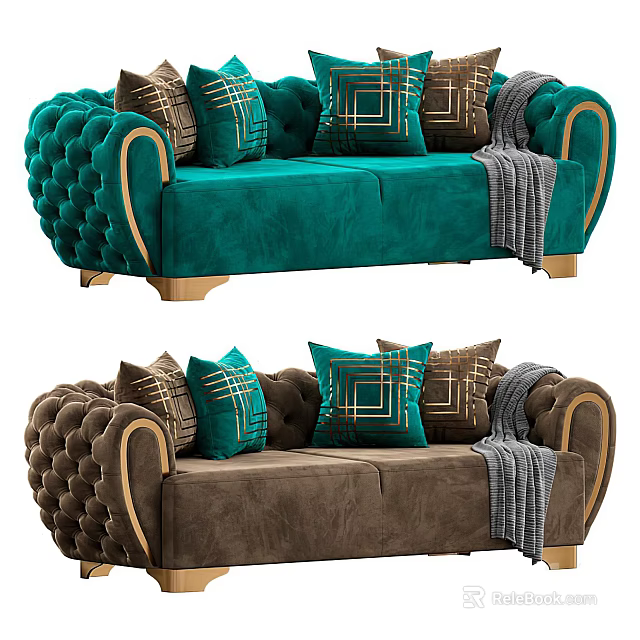 Elegant Multi-seater Sofa With Teal Brown Upholstery Gold Accents Geometric Throw Pillows And Gray Blanket 3d model 