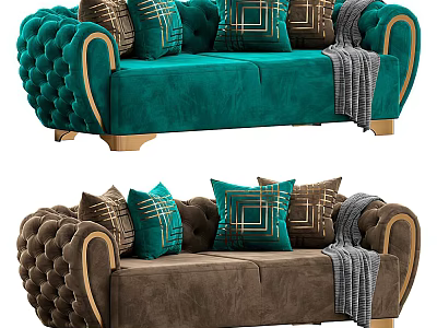 Elegant Multi-seater Sofa With Teal Brown Upholstery Gold Accents Geometric Throw Pillows And Gray Blanket 3d model
