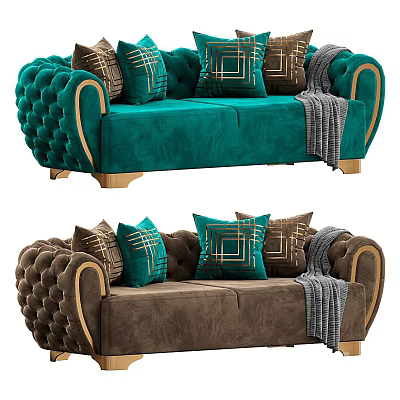 Elegant Multi-seater Sofa With Teal Brown Upholstery Gold Accents Geometric Throw Pillows And Gray Blanket 3d model