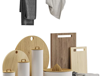 Kitchen Decorative Accessories Set With Wooden Cutting Boards Juicer And Towels 3d model