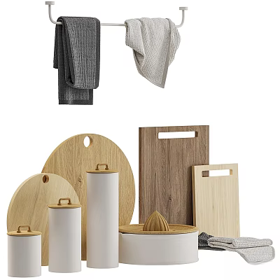 Kitchen Decorative Accessories Set With Wooden Cutting Boards Juicer And Towels 3d model