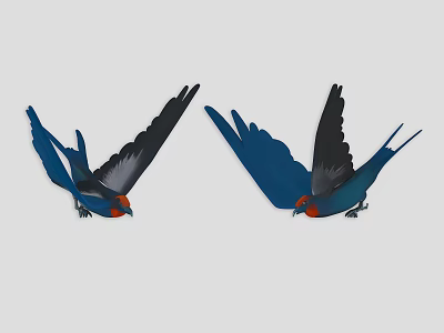 Flying Blue Birds With Red Heads And Spread Wings In Flight 3d model