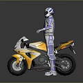 Yellow Racing Motorcycle With Rider In White And Blue Racing Suit Helmet