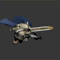 3D Female Warrior Character In Silver Armor With Blue Cloak And Golden Sword