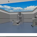 Modern Medical Treatment Room With Advanced Linear Accelerator Examination Bed And Sky Ceiling
