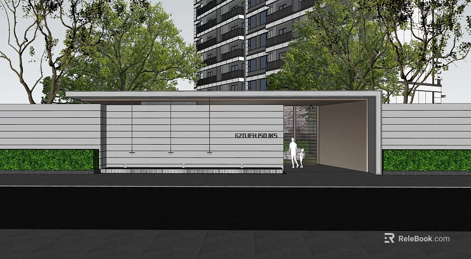 Modern Entrance Gate With Covered Structure And Green Plants Near High Rise Building 3d model 