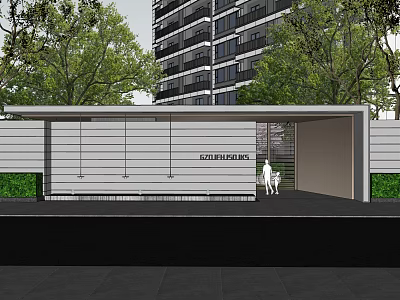 Modern Entrance Gate With Covered Structure And Green Plants Near High Rise Building 3d model