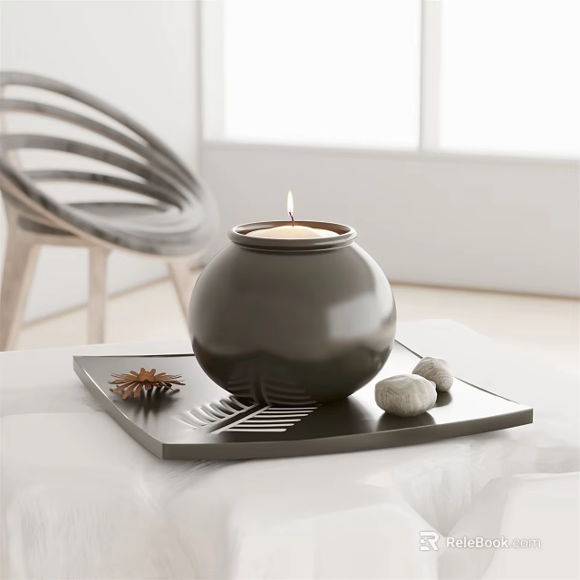Black Candle Lamp On Decorative Tray With Pine Cone And Stones 3d model 