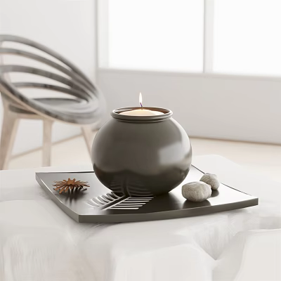 Black Candle Lamp On Decorative Tray With Pine Cone And Stones 3d model