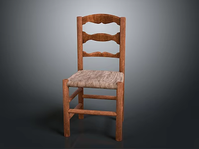 Rustic Wooden Chair With Scalloped Backrest And Woven Seat Design 3d model