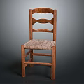 Rustic Wooden Chair With Scalloped Backrest And Woven Seat Design