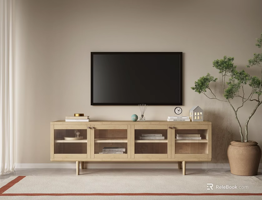 Modern Interior With Wooden TV Stand Glass Doors Storage TV And Potted Plant 3d model 