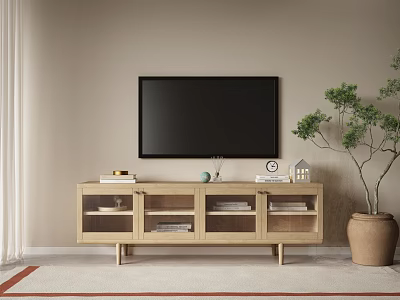 Modern Interior With Wooden TV Stand Glass Doors Storage TV And Potted Plant 3d model