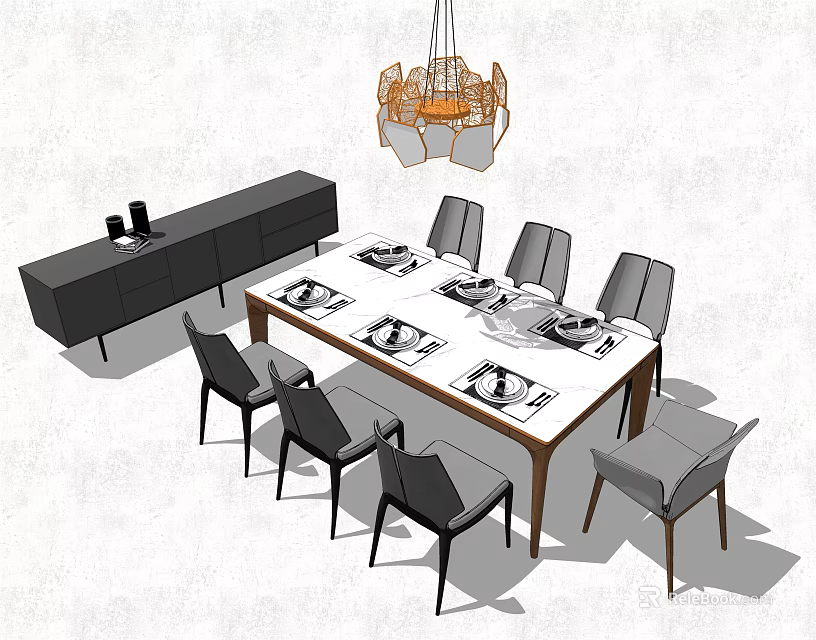 Modern Dining Table Set With 8 Chairs Tableware Black Cabinet And Hanging Light 3d model