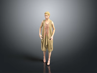 Blonde Woman in Beige Sleeveless Dress with Decorative Pattern Standing Against Gray Background 3d model