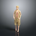 Blonde Woman in Beige Sleeveless Dress with Decorative Pattern Standing Against Gray Background
