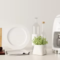 Stylish Kitchenware Set With Wooden Cutting Board White Plate Glass Bottles And Coffee Machine
