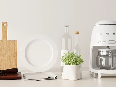 Stylish Kitchenware Set With Wooden Cutting Board White Plate Glass Bottles And Coffee Machine 3d model