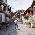 Traditional Park Landscape With Stone Pathway Architecture Flower Pots Lanterns Umbrella And Walking People
