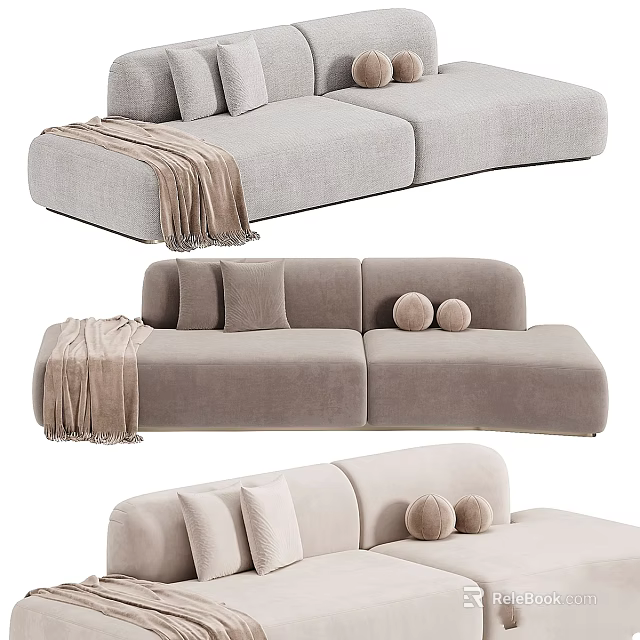 Modern Light Gray Sofa With Round Pillows And Cozy Blanket Design 3d model