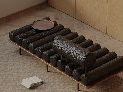 Modern Black Textured Cylindrical Sofa Bench With Wooden Frame And A Book Beside 3d model