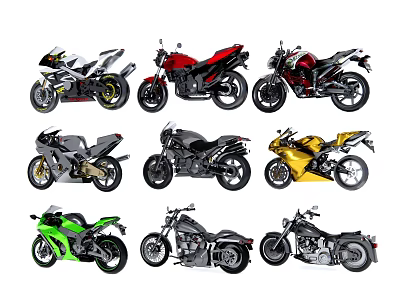 Various Motorcycles In Different Styles And Colors Showcasing Sport Cruiser And Street Models 3d model
