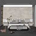 Modern Bedroom Interior Design With Stone Texture Headboard Wall Bed Nightstands And Decorative Rug