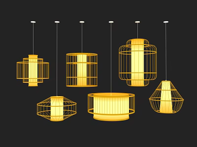 Modern Chandeliers With Different Metal Frame Designs And Warm Yellow Lighting 3d model