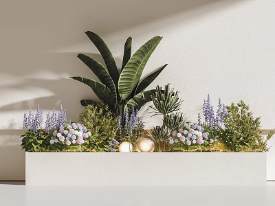 Flower And Plant Display In White Planter With Purple White Blooms Large Green Foliage And Decorative Lights 3d model