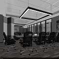 Modern Conference Room Interior With Meeting Table Black Office Chairs Glass Windows And Pendant Lights