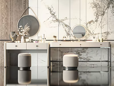 Modern Double Dressing Table With Round Mirrors Marble Wall Stools And Cosmetics 3d model