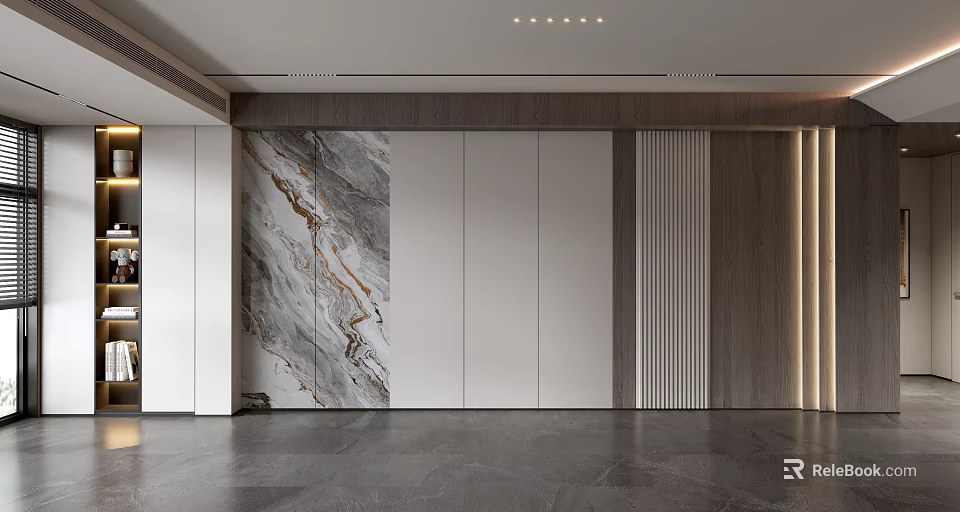 Modern Style Sofa Backdrop Wall With Marble Texture White And Wooden Panels Vertical Stripe Design 3d model 