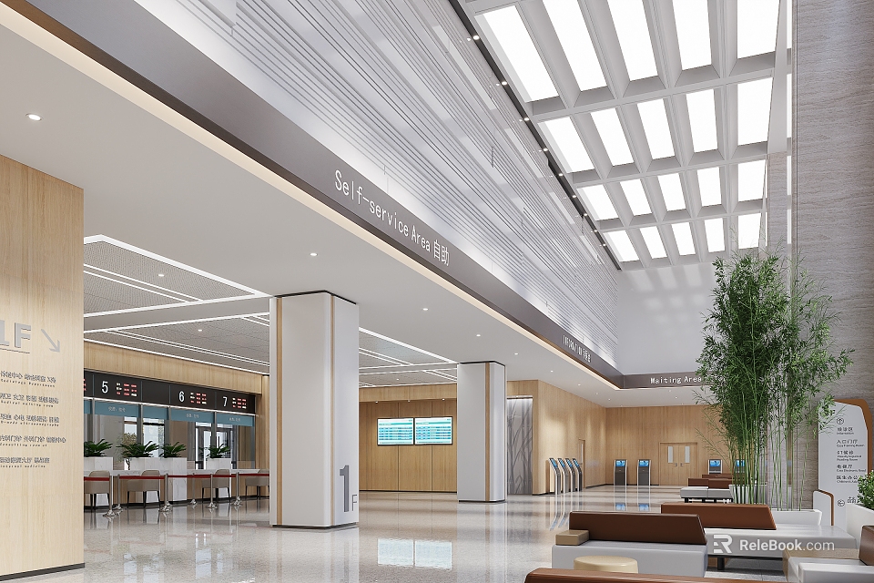 Hospital Outpatient Clinic Spacious Bright Lobby With Skylights Reception Desk And Green Plants 3d model 
