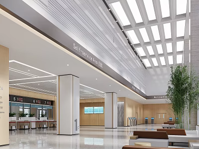 Hospital Outpatient Clinic Spacious Bright Lobby With Skylights Reception Desk And Green Plants 3d model